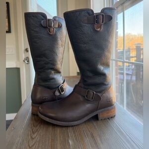 UGG Chancery Black and Dark Brown Leather Riding Boots Size 9